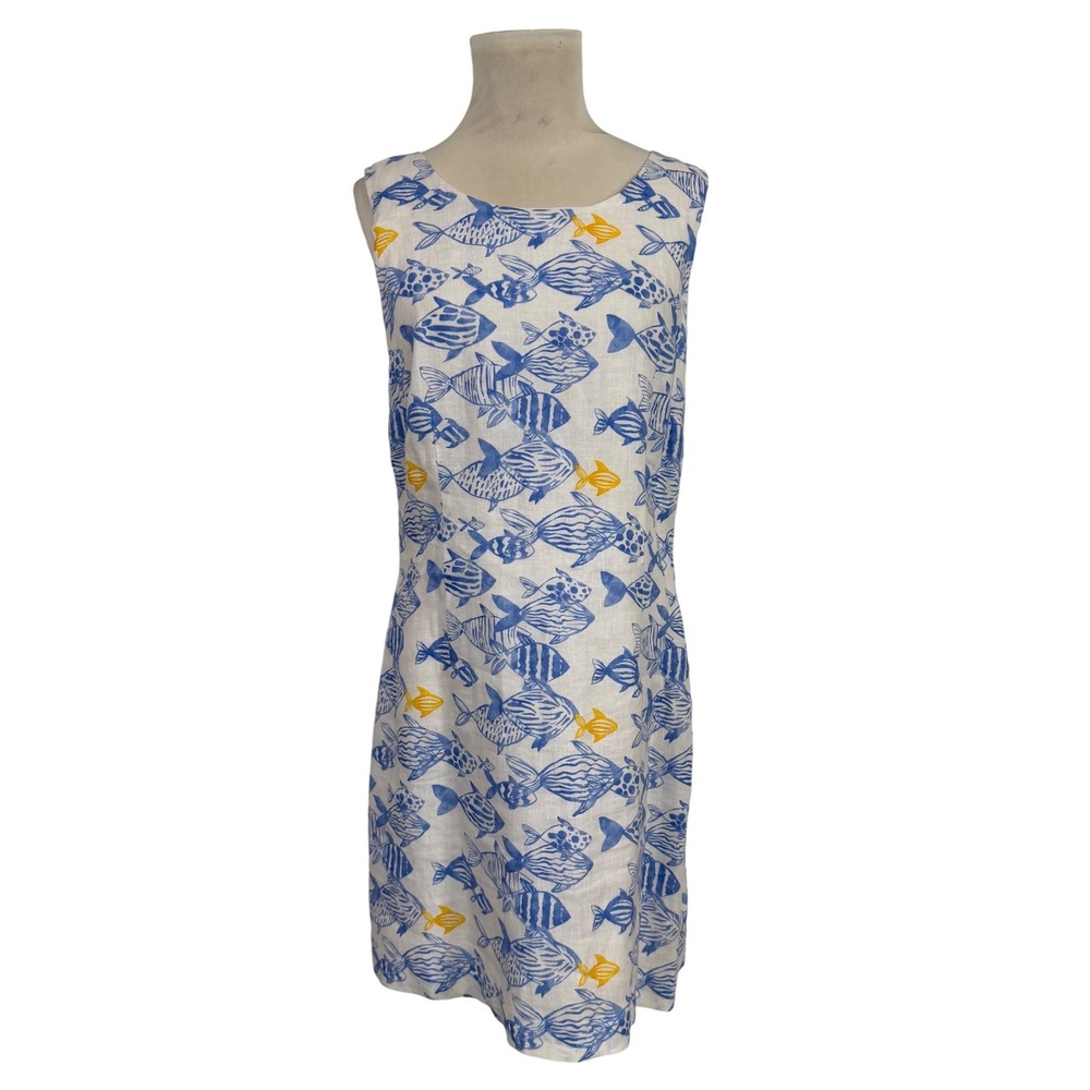 HIHO Women's Linen Cotton Fish Print Sleeveless Midi Dress Tortola BVI Size M